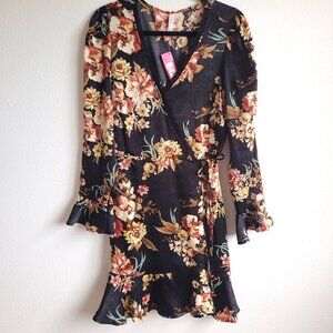 New Xhilaration black with flowers long sleeve semi-wrap dress